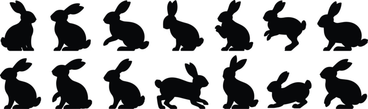 Collection of black rabbit silhouettes in various sitting, jumping, and running poses isolated on a white background, for easter
