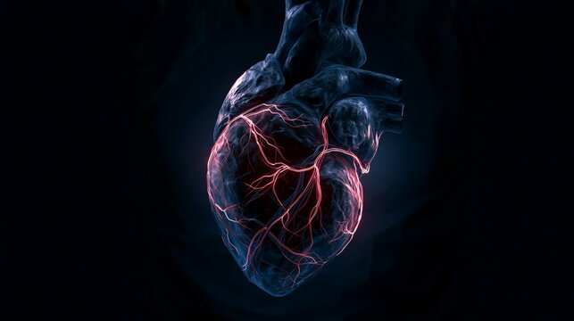 Human Heart Anatomy 3D Render with Glowing Cardiovascular Vessels on fire in Black Background