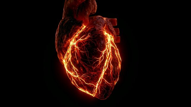 Human Heart Anatomy 3D Render with Glowing Cardiovascular Vessels on fire in Black Background