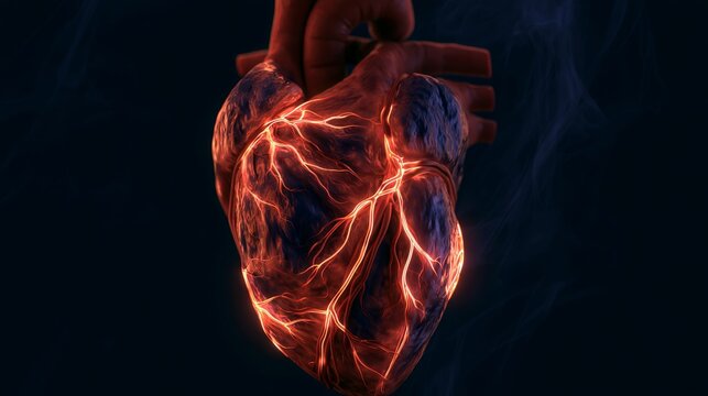 Human Heart Anatomy 3D Render with Glowing Cardiovascular Vessels on fire in Black Background