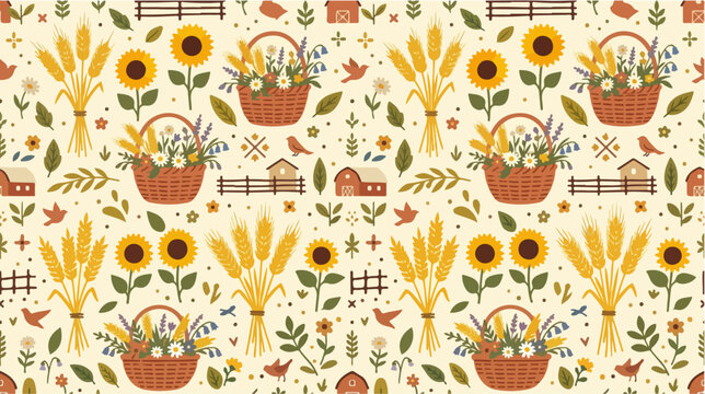 Vibrant floral pattern with baskets flowers.