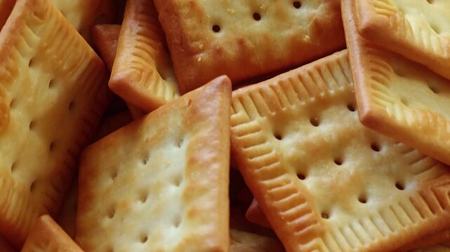 Top view close up of crispy square cream crackers piled together