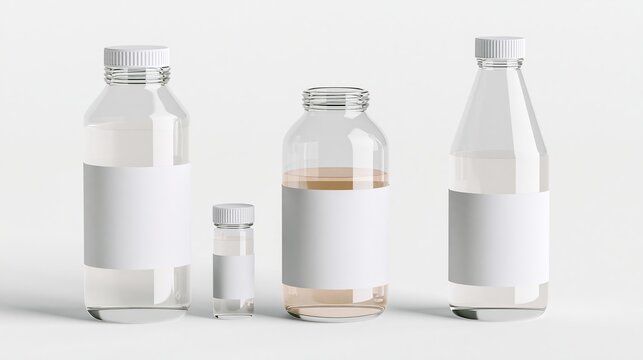 Three Different Size Glass Bottles with Blank Labels and Liquid on White Background