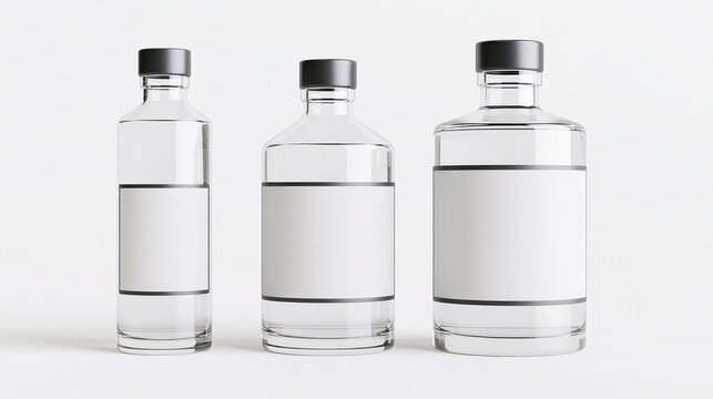 Three Different Size Glass Bottles with Blank Labels and Liquid on White Background