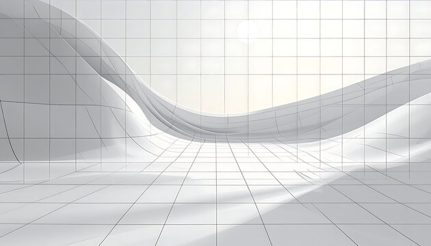 Abstract futuristic digital landscape with flowing white organic shapes and grid lines, representing technology and innovation