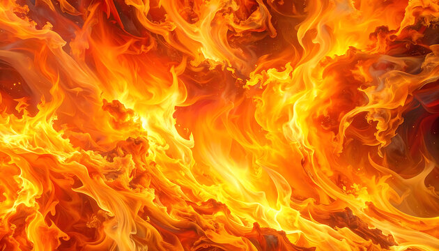 abstract fiery inferno with intense orange and yellow flames, swirling energy, dramatic and powerful, suitable for backgrounds