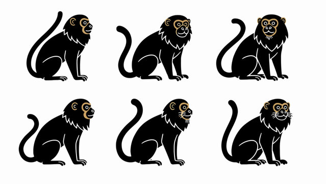 Six Black Monkeys with Yellow Faces Sitting Isolated on White Background, Vector Illustration