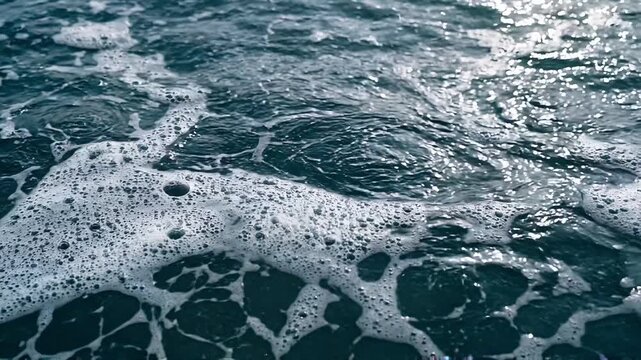 Slow motion close up pan of ocean water foam rolling and bubbling across dark teal sea surface in daytime coastal setting calm afternoon mood
