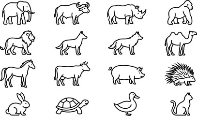 Minimalist Wildlife and Domestic Animal Line Icon Vector Set with Elephant, Lion, Horse, and Turtle Symbols for Educational Apps, Web Designs, and Graphics © Edo Rifandi!