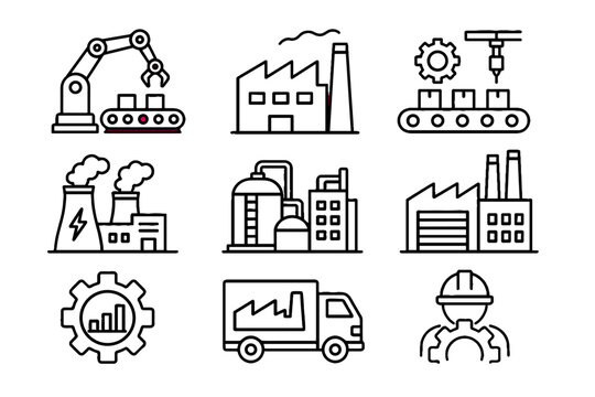 Industrial factory and manufacturing line icon set