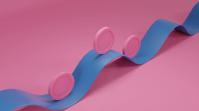 Abstract 3D background with three pink metallic coins moving along a blue curved stripe, creating contrast, depth, and fluid rhythm within minimalist and modern geometric composition