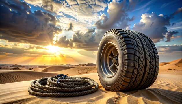 A rugged tire, paired with rope, stands in a desert landscape against a dramatic, sunlit sky and rolling dunes