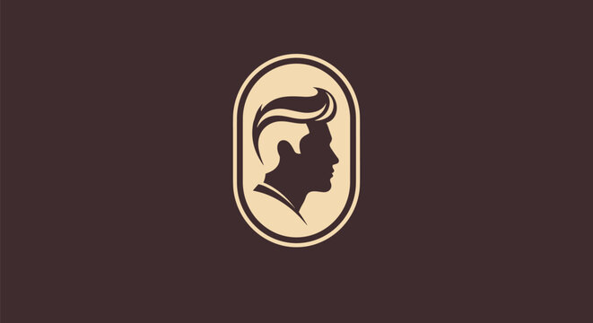 Stylish male face profile with a modern pompadour haircut inside an oval frame, perfect for barbershop logo.