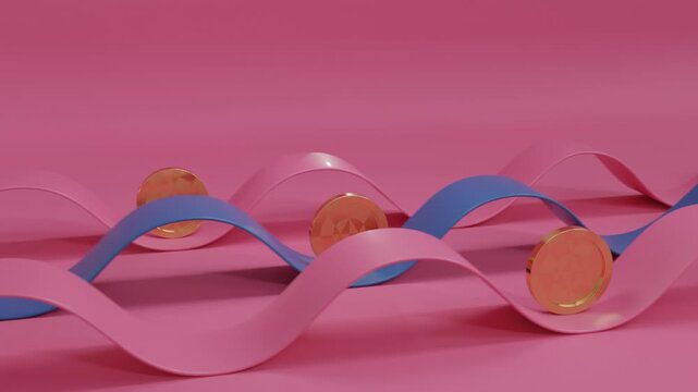 Abstract 3D background depicting three golden coins rolling along wavy pink and blue ribbons, illustrating flow, energy, and contrast through color and geometry in elegant contemporary visual style