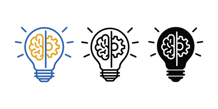 Creative Innovation Light Bulb Icon Set With Brain And Gear In Colorful Outline And Black Silhouette Vector Design