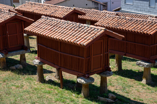 Panoramic view of the large architectural complex of traditional Galician horreos, historic stone and wooden granaries built on stilts on a green hillside in A Merca, Spain.