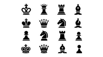 International chess day, Chess pieces icons, black chess symbols, strategy game pieces, vector illustrations isolated on White Background Chess, Chess piece, Board game, Isolated © MITURANI