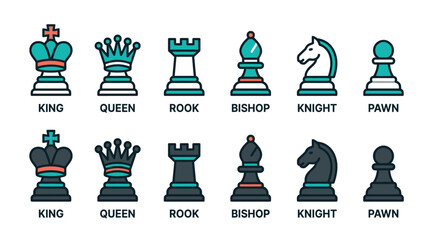 International chess day, Chess pieces, vector icons, colorful chess set, game symbols isolated on White Background Chess, Chess piece, Board game, Isolated, White background © MITURANI