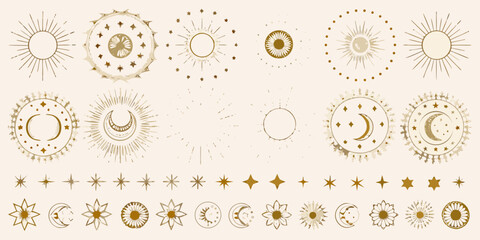 celestial gold dividers and circular frames featuring sun moon stars vector illustration astronomy cosmic ornament pattern design graphic art icon symbol © Rekha