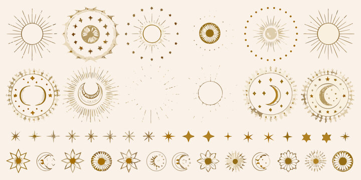 celestial gold dividers and circular frames featuring sun moon stars vector illustration astronomy cosmic ornament pattern design graphic art icon symbol