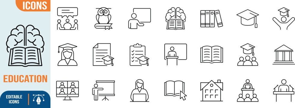 Educational knowledge learning vector icons. cap icon set, book icon set, student icon set