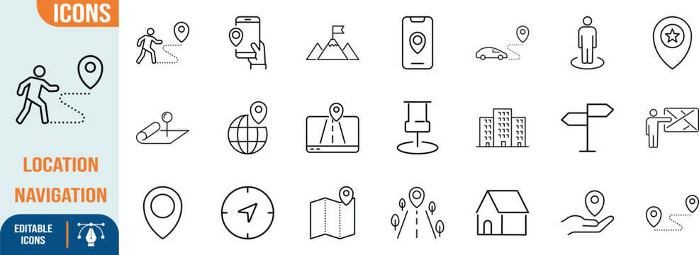 Location and navigation line icons. pin icon set, map icon set, compass icon set