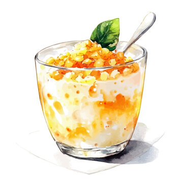 Tapioca Pudding, beautiful watercolor illustration, isolated on a white background, soft and delicate colors.