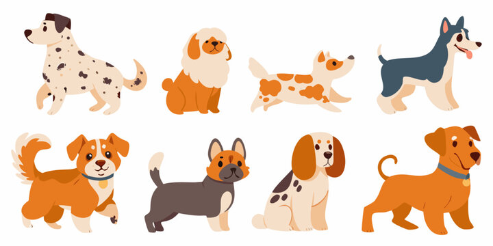 cute cartoon dog breeds collection in flat vector style on white background dogs illustration canine puppy dalmatian beagle husky chihuahua german