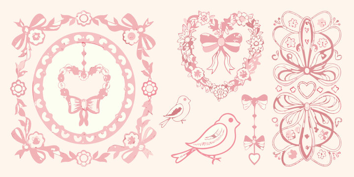 vintage decorative elements with floral patterns and birds vector illustration romantic frame heart bow butterfly ornament design pink feminine elegant fancy