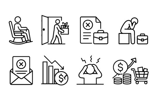 Job loss and financial stress line icon set