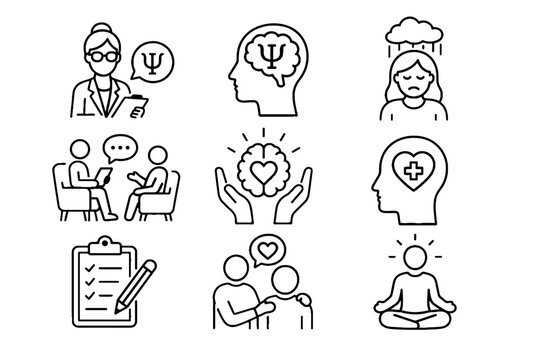 Mental health therapy and wellness line icon set