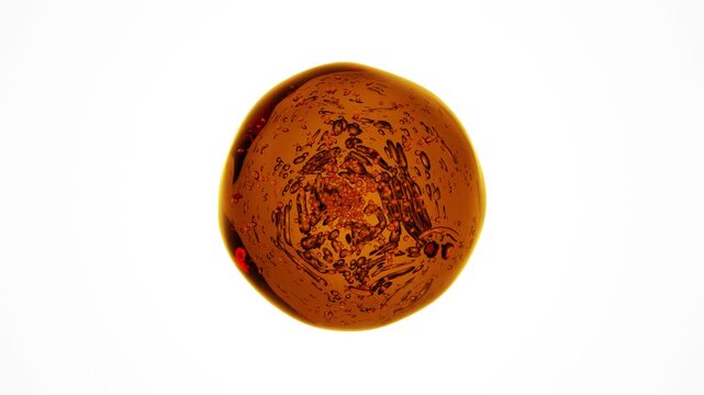 Transparent orange 3D liquid droplet with inner air bubbles on a clean white background, abstract seamless animation ideal for skincare, cosmetic serums, oils, and acid-based beauty concepts