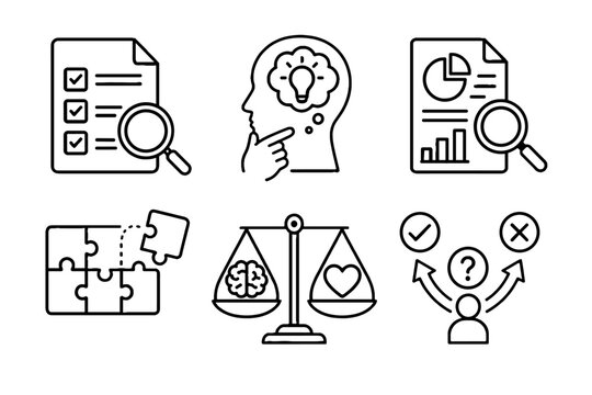 Critical thinking and decision making line icon set