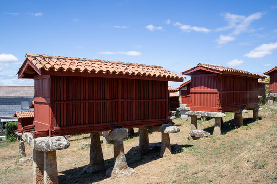 Panoramic view of the large architectural complex of traditional Galician horreos, historic stone and wooden granaries built on stilts on a green hillside in A Merca, Spain.