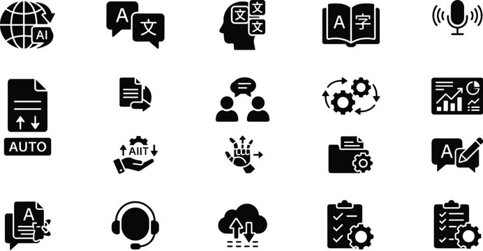 Set of black flat icons about artificial intelligence and machine translation for digital technology and business communication concepts