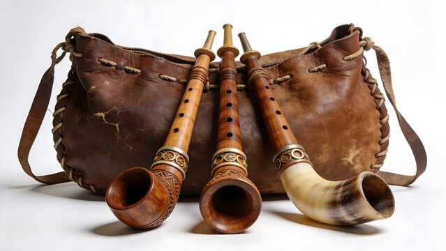 Traditional Belarusian duda bagpipes isolated on white background, front view, handcrafted leather and carved wood, ethnographic museum quality