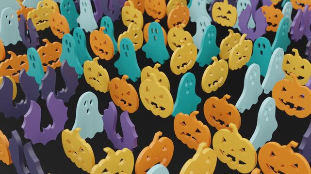 Abstract 3d background featuring flat Halloween icons like pumpkins, bats, and ghosts arranged on surface, moving in dynamic concentric waves across dark mysterious scene