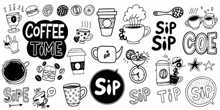 coffee themed doodles in playful black and white line art cup bean sip time burger clock speech bubble hand drawing sketch