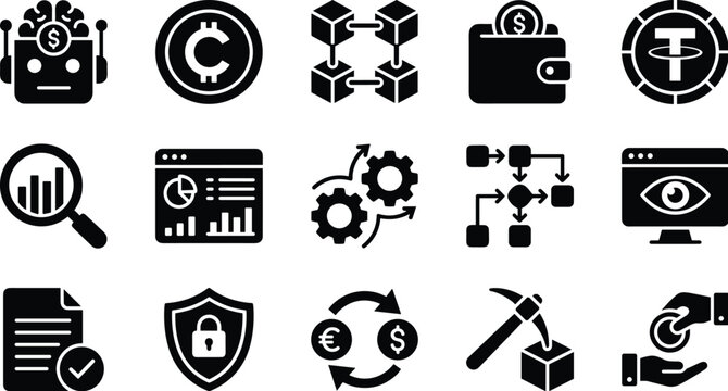 Set of black cryptocurrency and blockchain technology icons representing digital finance data analysis security mining and trading concepts for modern business apps