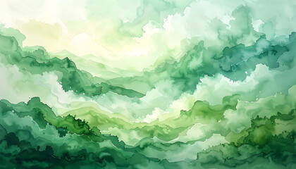 Abstract flowing green watercolor texture, organic fluid art with light yellow highlights, natural swirling pattern