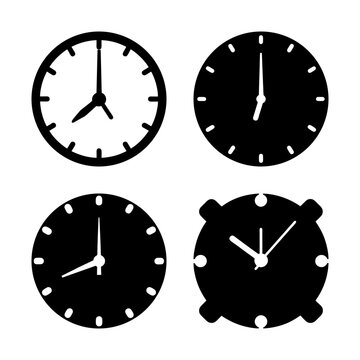 Four stylish analog clock icons in black and white - Minimalist vector icons of analog clocks with black and white faces, showing different times for versatile design use.