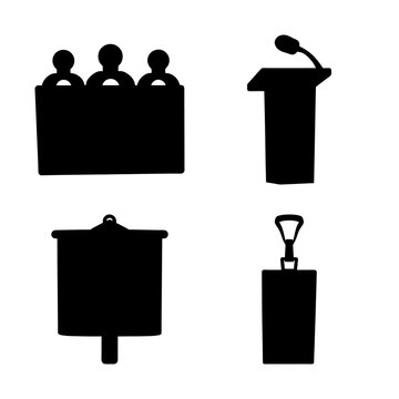 Black silhouette icons of public speaking and news - Four stylish black icons showing people speaking, microphone, megaphone, and news broadcast in a clean silhouette style.