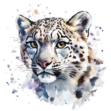 Snow Leopard, beautiful watercolor illustration, isolated on a white background, soft and delicate colors.