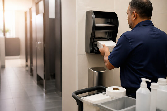 A man in a dark blue shirt is using a self-service beverage dispenser in a modern, well-lit interior space.
