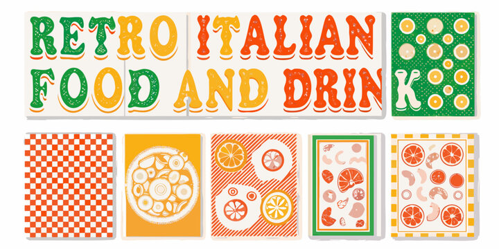 retro italian food and drink poster collection with vibrant colors orange green checkered pattern illustration vector graphic design menu restaurant cafe