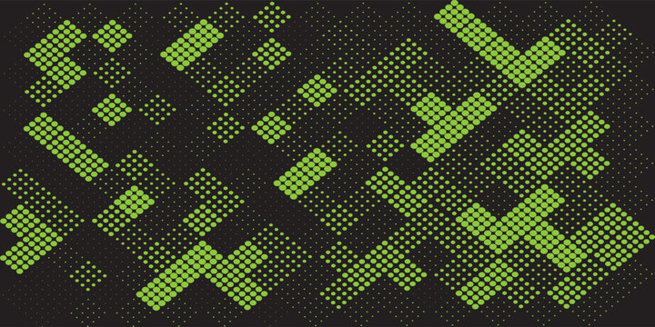 Abstract dark background with green geometric pixelated halftone dot patterns in a digital matrix style.