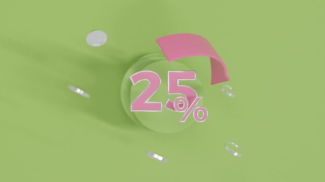 Abstract 3D Financial Growth Background with Pink Arrow and Gold Coins Rotating Around 25 Percent Symbol Above Green Surface and Podium Investment Profit Banking and Savings Concept Render