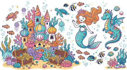 Naklejka premium Underwater fantasy world elements with magical mermaid princess sea dragon and reef castle