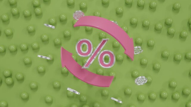 Abstract 3D Financial Background with Pink Arrows and Silver Coins Rotating Around Percent Symbol Above Green Surface with Floating Spheres Economic Growth Investment and Banking Concept Render