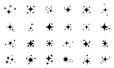 Fototapeta premium Twinkle stars icon set on white background. Modern sparkle star design collection of 24 elements. Bright, shiny flash star.